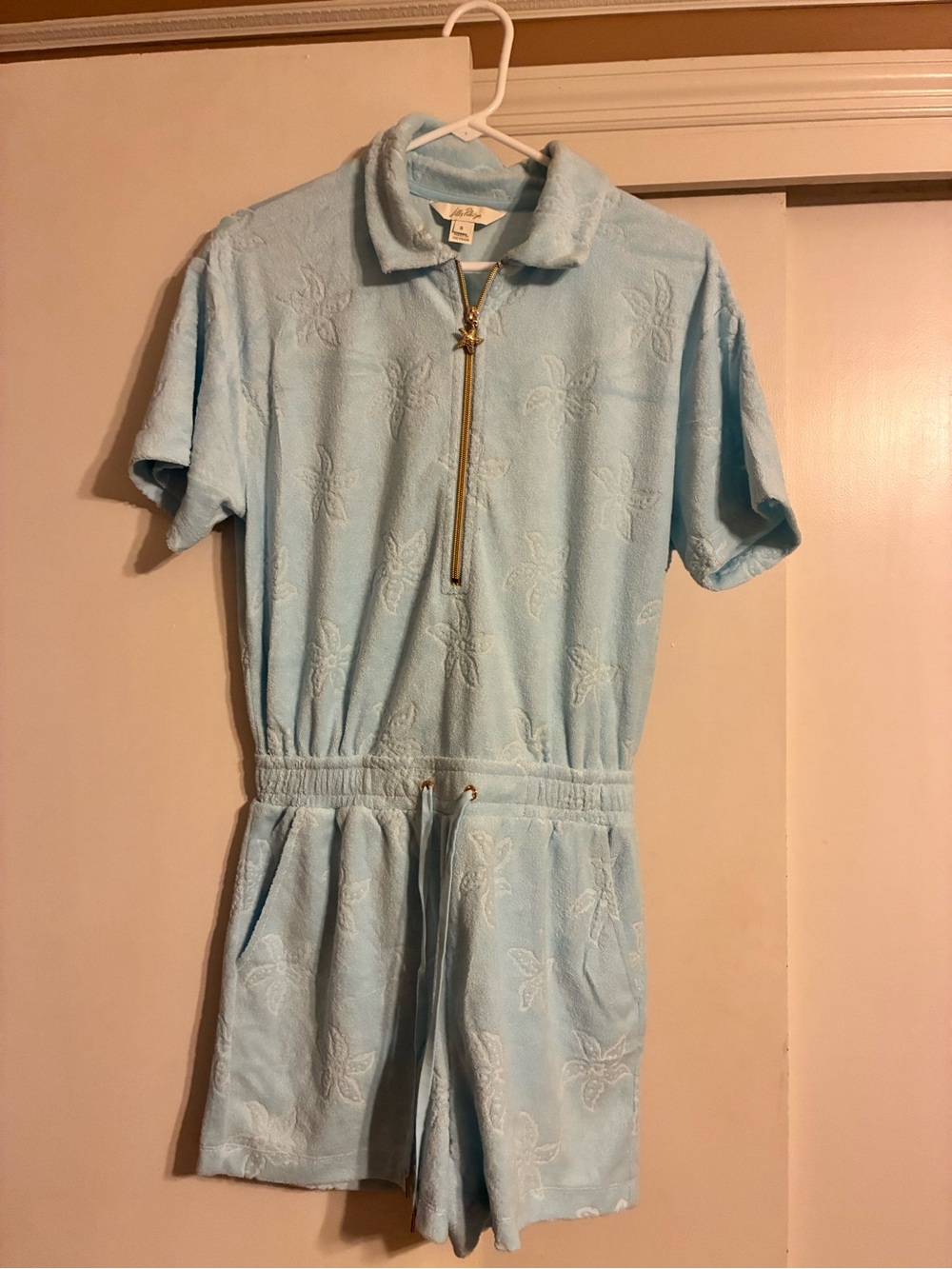 Lilly Pulitzer Light Blue Terry Short Sleeve Romper with Gold Zip